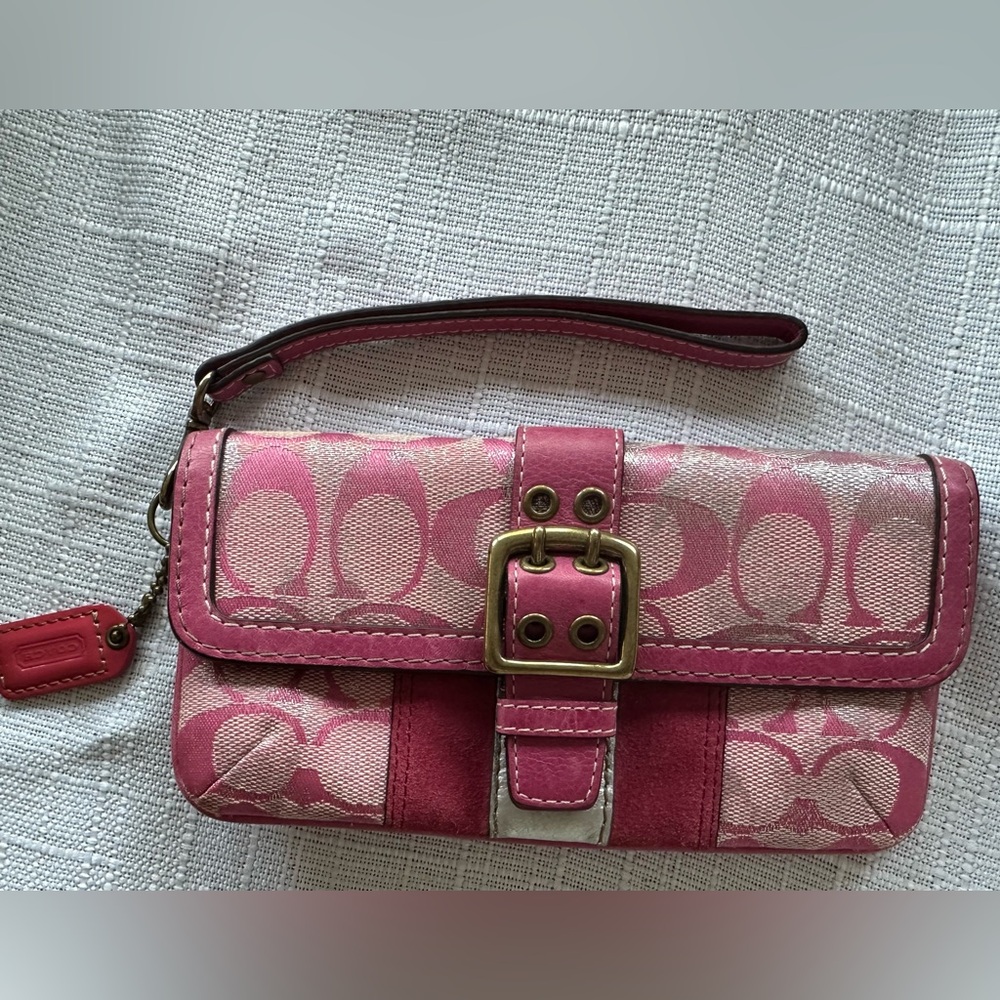 Vintage Coach wristlet with pink canvas and leather
